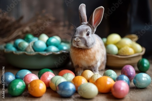 Happy Easter Bunny with many colorful easter eggs. Generative AI Technology