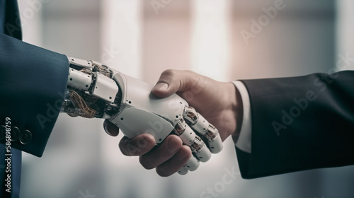 handshake between robot and businessman, concept of A.I. collaborate with human. Generative AI image.