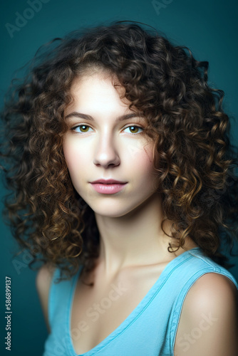 Portrait of a woman with curly brown hair and green eyes, Generative AI