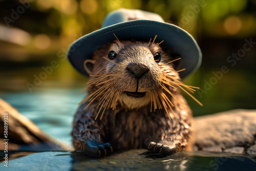 A curious beaver wearing a safari hat and sunglasses, peeking out from behind a dam with a paw raised and a curious expression photo
