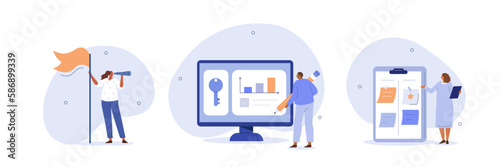 Performance management illustration set. Characters setting goals and objectives to professional development, personal improvement and growth. Objective key result concept. Vector illustration.