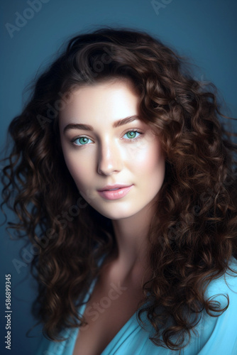 Portrait of a woman with curly brown hair and green eyes, Generative AI