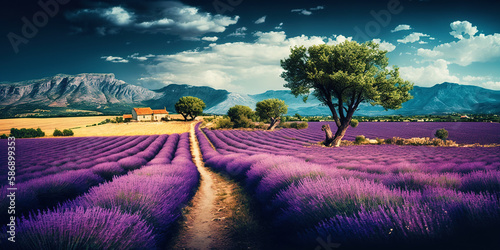 Purple lavender field in Provence at sunset. Lavender. generative ai. Stunning summer landscape in Provence, France with blooming violet fields