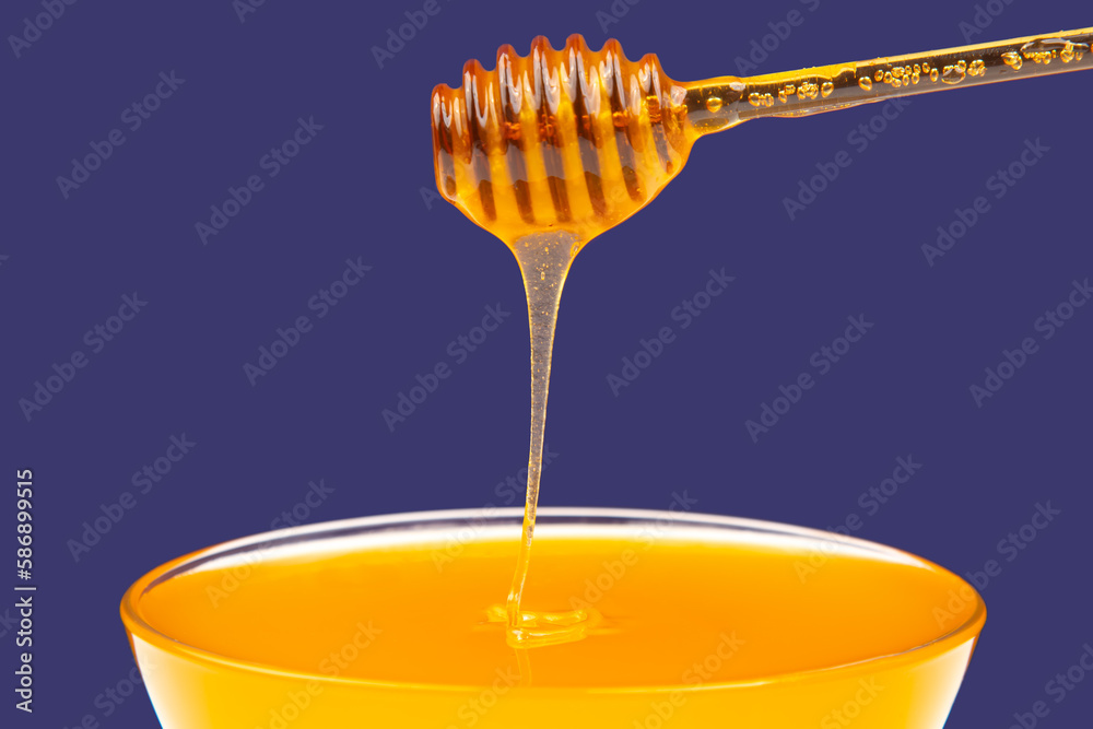 fresh fragrant honey drips from a spoon into a plate on a colored background. organic vitamin nutrition. dessert food fresh fragrant honey drips from a spoon into a plate on a colored background. organic vitamin nutrition. dessert food