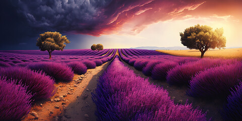 Leinwandbilder Purpur Purple lavender field in Provence at sunset. Lavender. generative ai. Stunning summer landscape in Provence, France with blooming violet fields  © Aquir