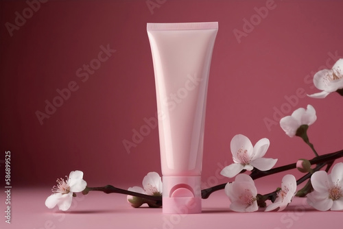 Cosmetic bottle tube with spring flowers, cosmetic product mockup. Generative AI