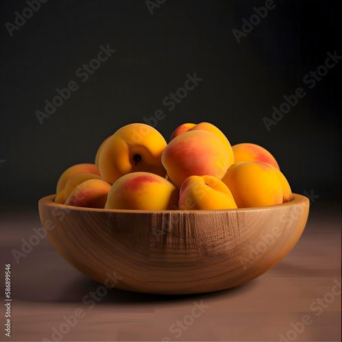 Close up of Peaches and apricots fruits on wooden plate created with Generative AI technology.
