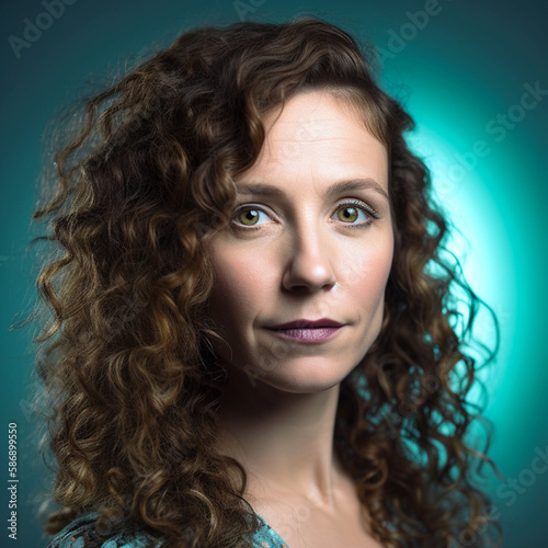 Portrait of a woman with curly brown hair and green eyes, Generative AI