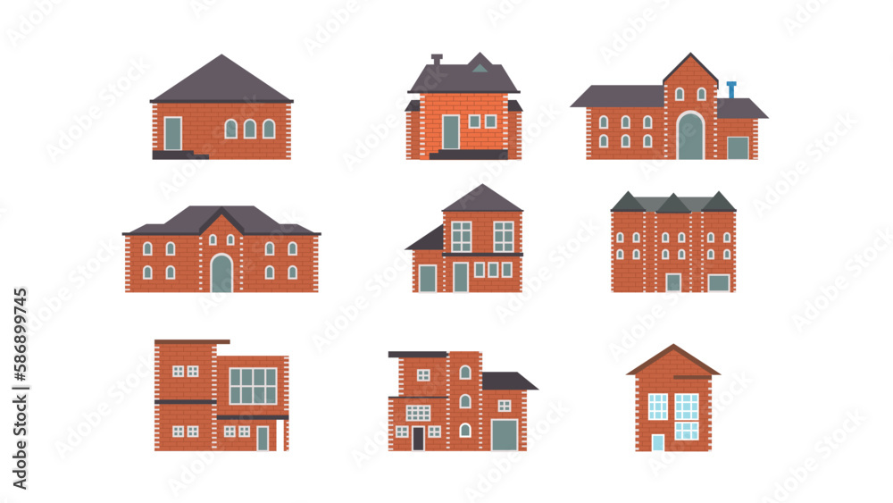 brick house building set with colors. Villages urban homes vector.