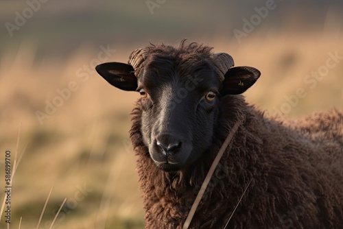 A black ouessant ewe sheep is shown up close in a grassland. Generative AI