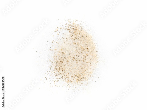 Pile of brown dust scattered on white background, top view