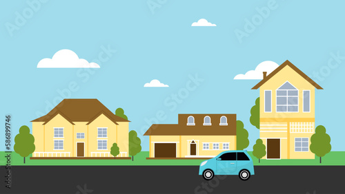 Suburban neighborhood houses landscape, vector illustration small town decoration.