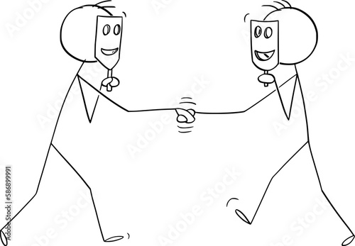 Hidden or Unknown Business Partners Handshake and Cooperation, Vector Cartoon Stick Figure Illustration