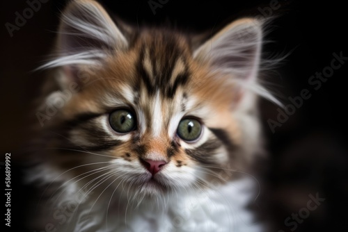 Close up of a Siberian Kitten's Face with Black, White, and Brown Fur. Generative AI