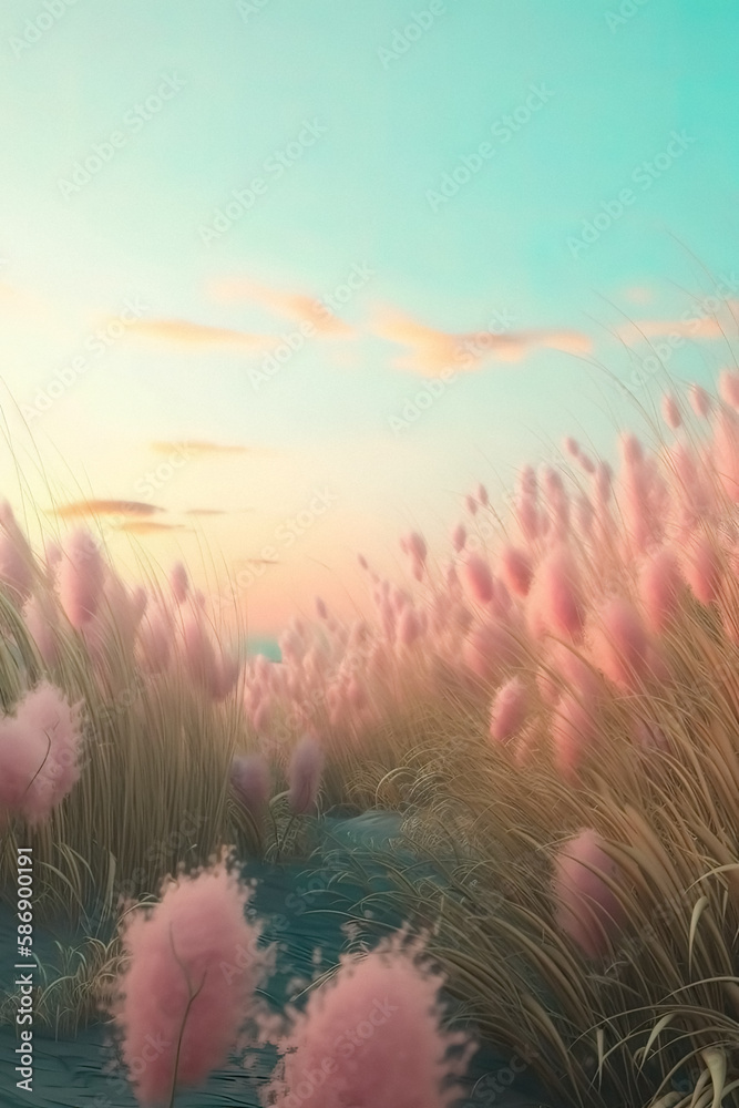 Fototapeta premium This Minimalistic Landscape Poster features a simple yet beautiful illustration of a meadow at sunrise. The horizon and sunlight create a stunning backdrop for the serene and peaceful scenery.