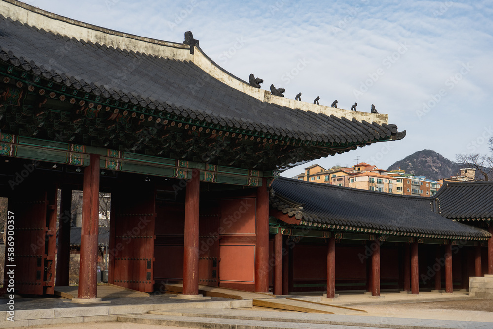 Changdeokgung Palace built by the kings of the Joseon dynasty in Seoul during winter morning at Jongno , Seoul South Korea : 3 February 2023 Changdeokgung Palace built by the kings of the Joseon dynasty in Seoul during winter morning at Jongno , Seoul South Korea : 3 February 2023