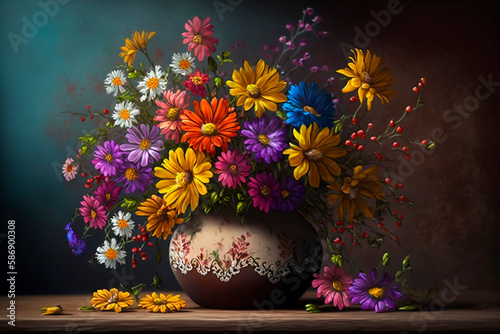 Spring bouquet of flowers in a vase on a table on a dark background, multicolored floral arrangement of field bright plants. Generative AI. © VICHIZH