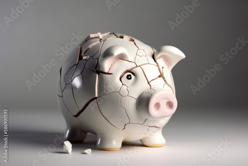 Canvastavla A sad piggy bank with cracks and a plaster indicates insolvency created with generative AI technology