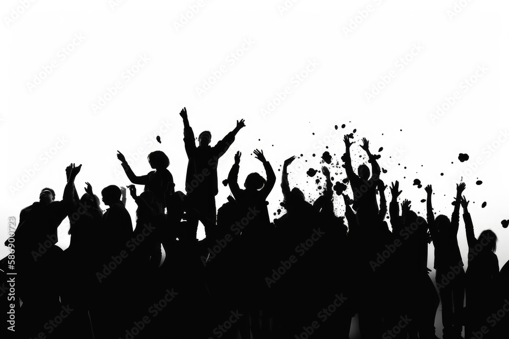 Black silhouette of a huge crowd of cheering people isolated on a white ...