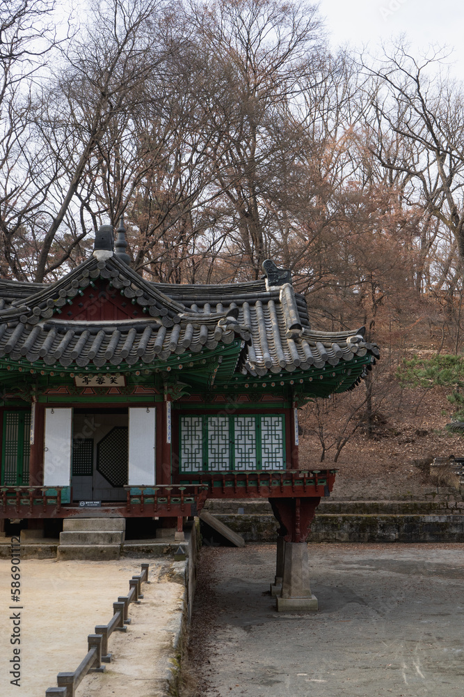 Buyongji and Juhamnu at Huwon Secret Garden in Changdeokgung Palace during winter morning at Jongno , Seoul South Korea : 3 February 2023