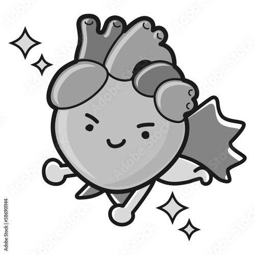 かわいい心臓のヒーローキャラクター（白黒）