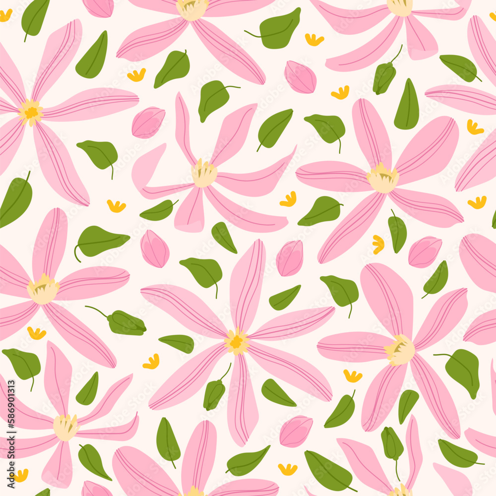 Pink clematis flowers seamless pattern. Floral background in rustic style for wedding invite, fabric, wallpaper, wrapping paper, poster Pink clematis flowers seamless pattern. Floral background in rustic style for wedding invite, fabric, wallpaper, wrapping paper, poster