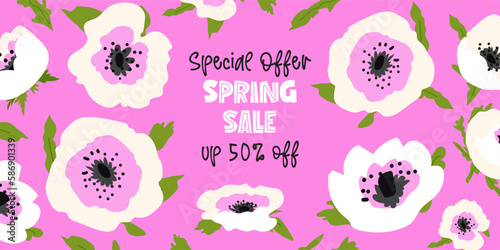 Spring sale banner with anemones flowers on pink background. Vector illustration. Can be used for online shopping, advertising and promotions, magazines and websites