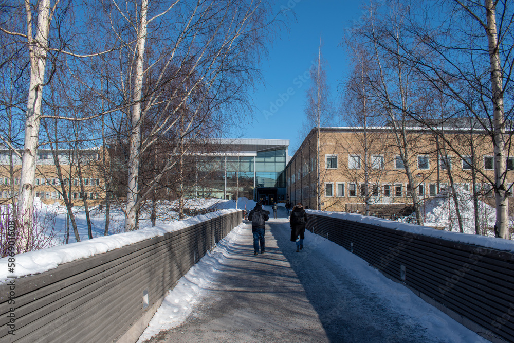 UMEA, SWEDEN - MARCH 29, 2023: Umea university building. Taken on a sunny winter day.