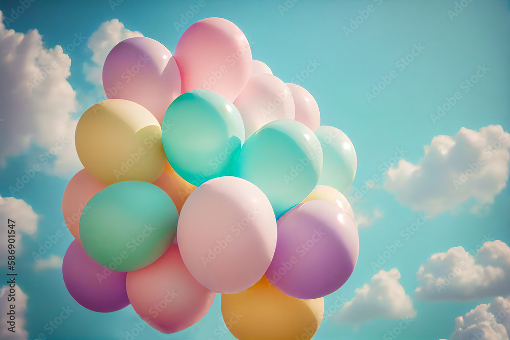 Colorful helium balloons concept in the cloud blue sky. Abstract Spring decoration. Illustration, Generative AI. Colorful helium balloons concept in the cloud blue sky. Abstract Spring decoration. Illustration, Generative AI.