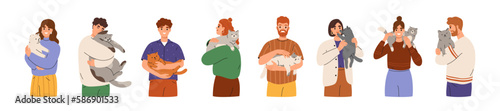 Cute set of people holding cats. Hapy men and women hold in arms domestic pet show love and care.