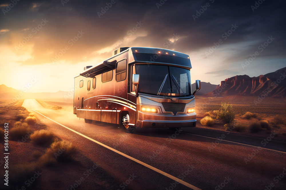 Travel the open road in a luxury summer RV, complete with a hot tub and entertainment system Travel the open road in a luxury summer RV, complete with a hot tub and entertainment system