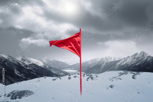 Red flag on snow mountain. Top peak success. Generate Ai