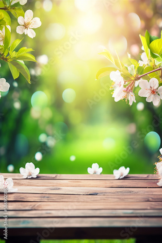 Spring background with empty wooden table. Natural template for product display with cherry blossoms bokeh and sunlight. generative ai. Empty wooden table in spring blooming cherry orchard 