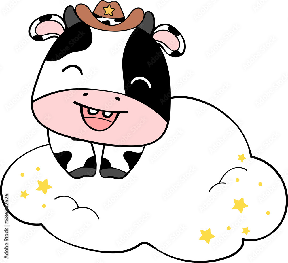 Cute happy smile baby cow sitting on cloud children cartoon character doodle hand drawing Cute happy smile baby cow sitting on cloud children cartoon character doodle hand drawing