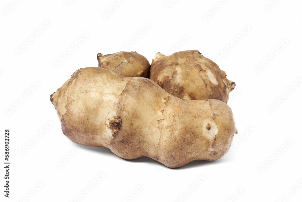 Three raw Jerusalem artichokes isolated on white Three raw Jerusalem artichokes isolated on white