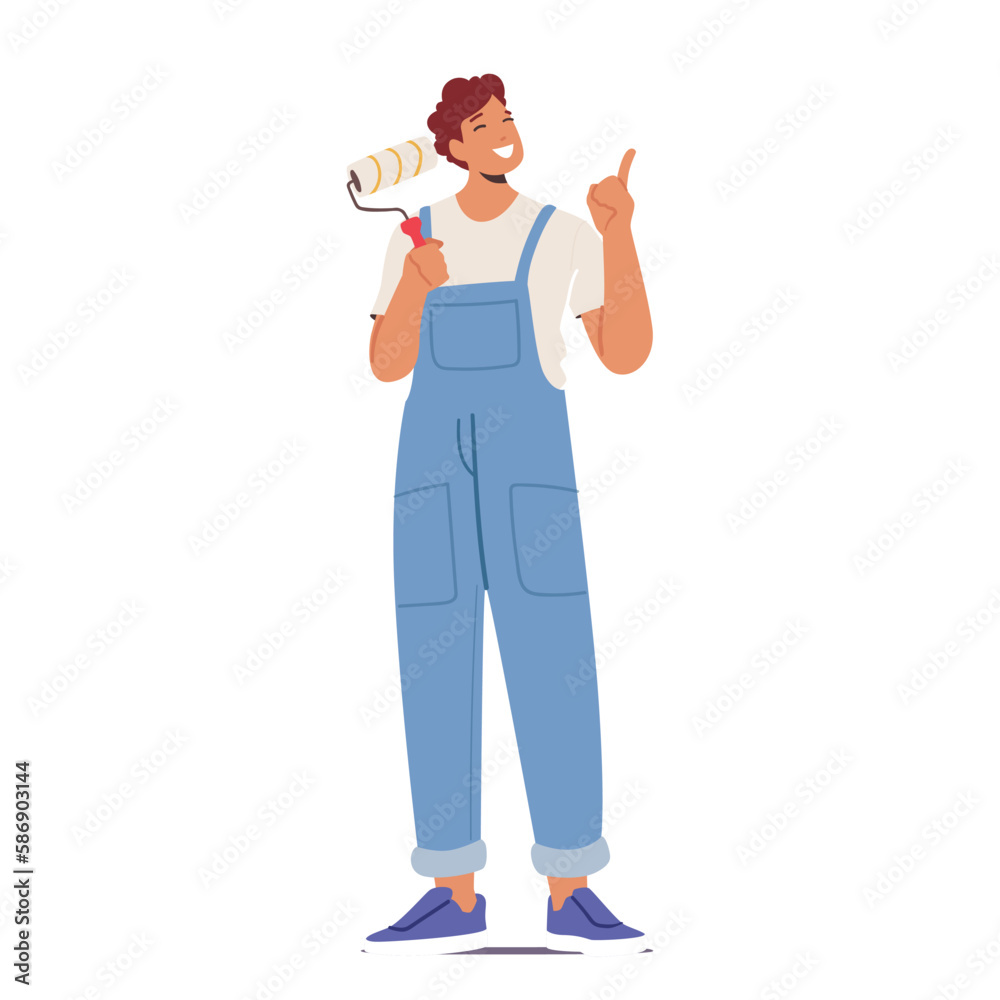 Cheerful Male Character with Painting Roll Isolated on White Background. Worker on Blue Overalls Doing Renovation Works Cheerful Male Character with Painting Roll Isolated on White Background. Worker on Blue Overalls Doing Renovation Works
