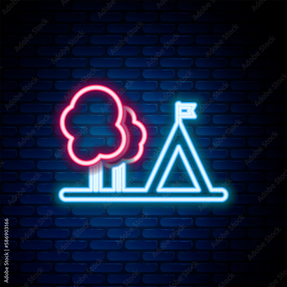Glowing neon line Tourist tent with flag icon isolated on brick wall background. Camping symbol. Colorful outline concept. Vector Glowing neon line Tourist tent with flag icon isolated on brick wall background. Camping symbol. Colorful outline concept. Vector