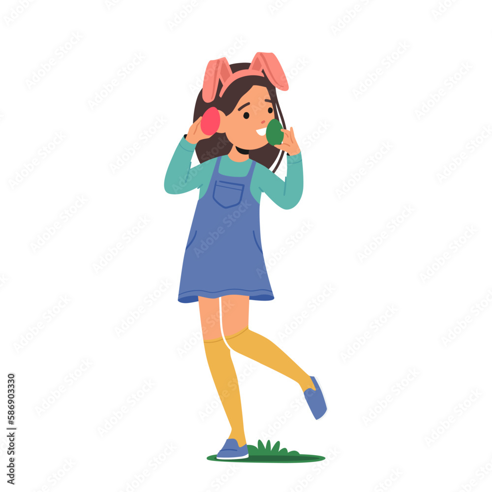 Kid Girl Character With Rabbit Ears Clutching Easter Eggs In Hands. Charming Image For Easter Promotions, Children Book Kid Girl Character With Rabbit Ears Clutching Easter Eggs In Hands. Charming Image For Easter Promotions, Children Book