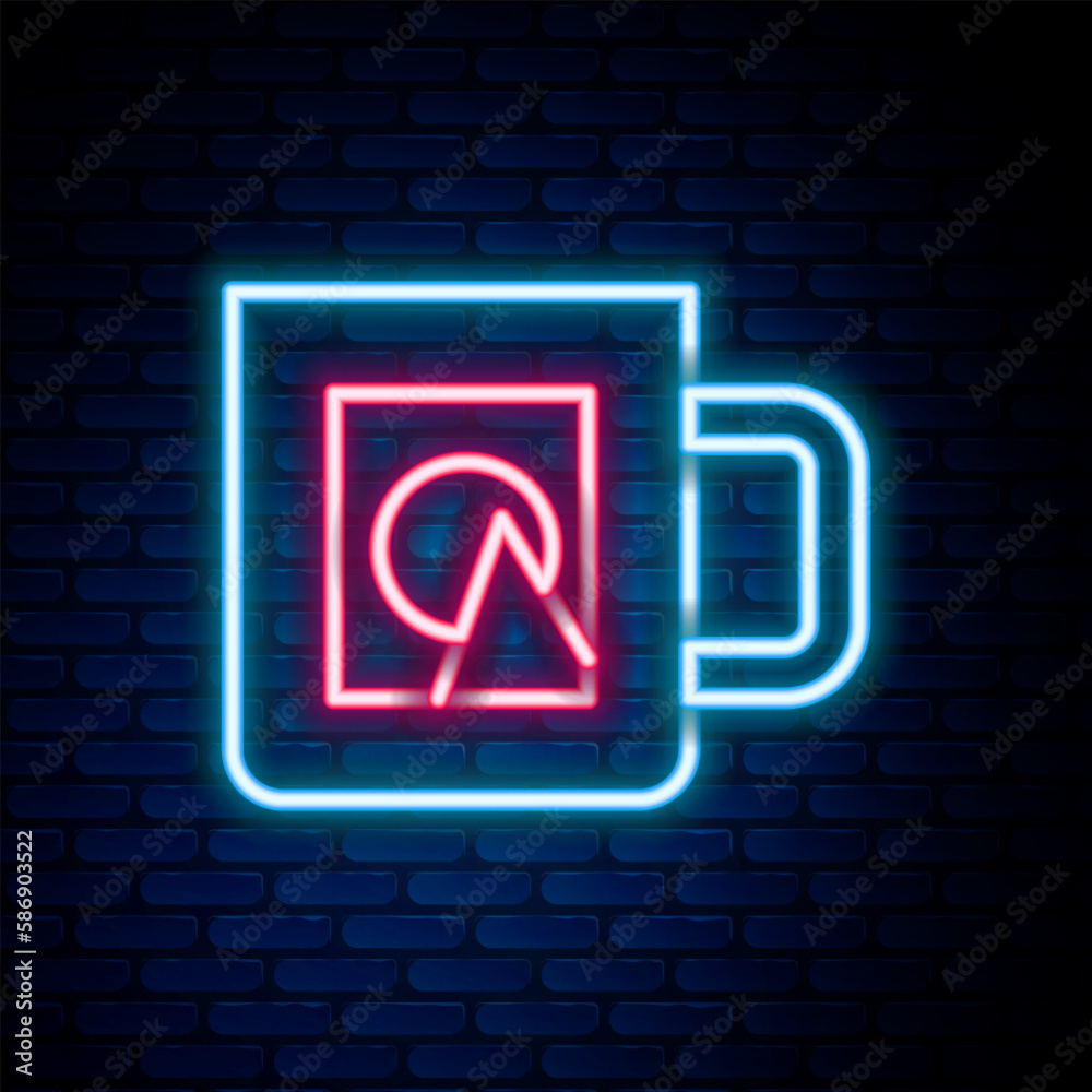 Glowing neon line Coffee cup icon isolated on brick wall background. Take away print. Colorful outline concept. Vector Glowing neon line Coffee cup icon isolated on brick wall background. Take away print. Colorful outline concept. Vector