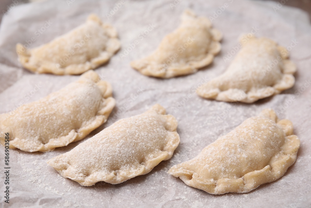 Raw dumplings (varenyky) with tasty filling on parchment, closeup. Traditional Ukrainian dish