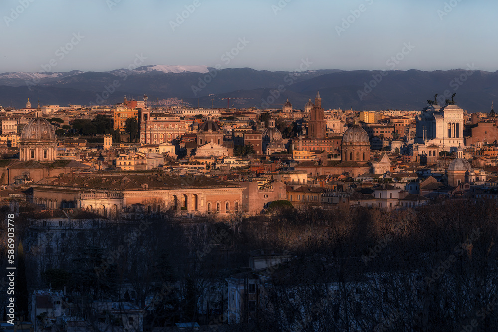 Romantic view of the historic downtown of Rome from the terrace of the Gianicolo
