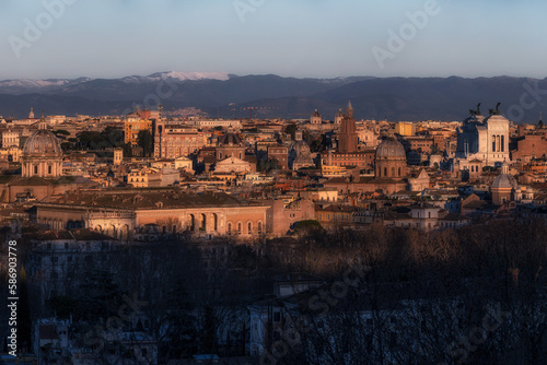 Romantic view of the historic downtown of Rome from the terrace of the Gianicolo