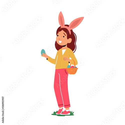 Cute Child Girl Character Wearing Bunny Ears Holds Easter Eggs In Hands With Playful Expression On Face