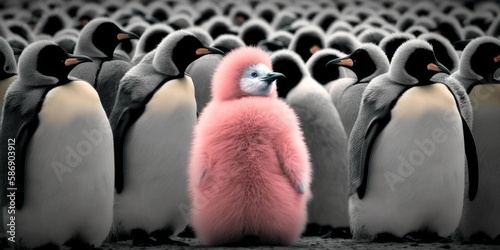 Difference concept showing by extraordinary penguin standing out of the crowd. superlative generative AI image. photo