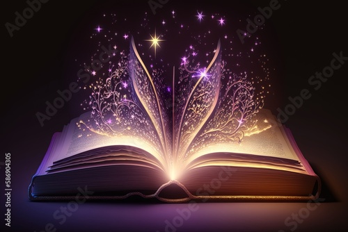 Magical open book with luminous stars. AI generated © Olha