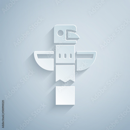 Paper cut Canadian totem pole icon isolated on grey background. Paper art style. Vector