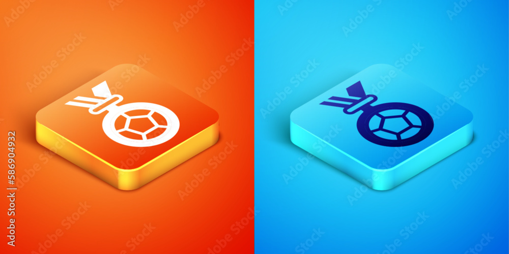 Isometric Football or soccer medal icon isolated on orange and blue background. Vector