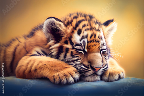 Little cute animal concept  sleeping animal dreaming dreams. Little cute baby tiger  on a pastel background. Illustration  Generative AI.