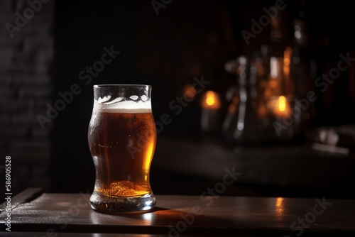 A glass of cold refreshing beer on a dark bar scene