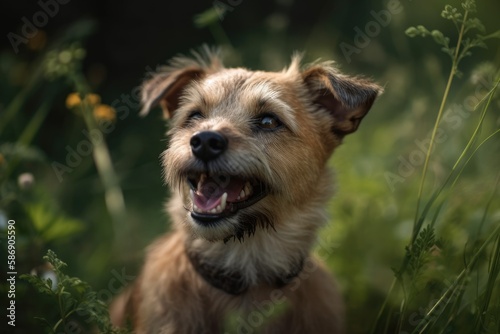 The dog was grinning and opened his mouth in a summertime green field. Generative AI